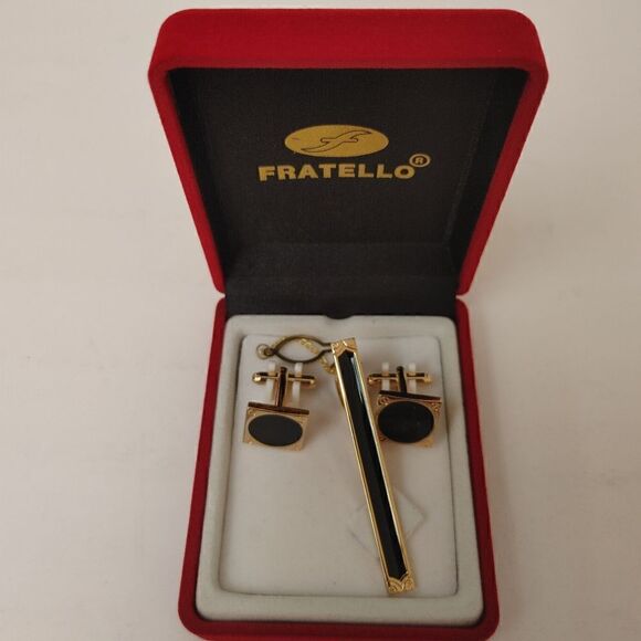 MEN'S FRATELLO CUFFLINKS & TIE CLIP GOLD AND BLACK DESIGN. - Picture 2 of 2